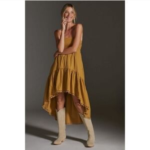 Anthropologie High-Low Strapless Midi Dress Gold Mustard 100% Cotton Size XS